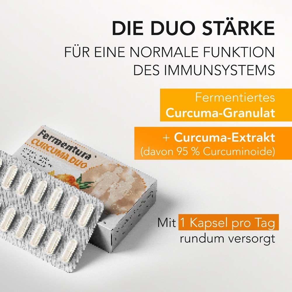 Produktverpackung und Blisterpackung mit Kapseln. Text: Die Duo Stärke für eine normale Funktion des Immunsystems. Mit 1 Kapsel pro Tag.