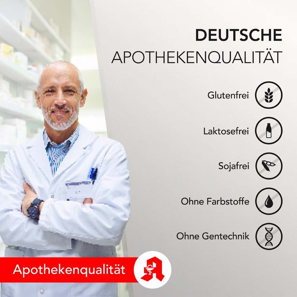 Arzt mit Apothekenqualität-Logo. Text: Deutsche Apothekenqualität. Glutenfrei, laktosefrei, sojafrei, ohne Farbstoffe, ohne Gentechnik.