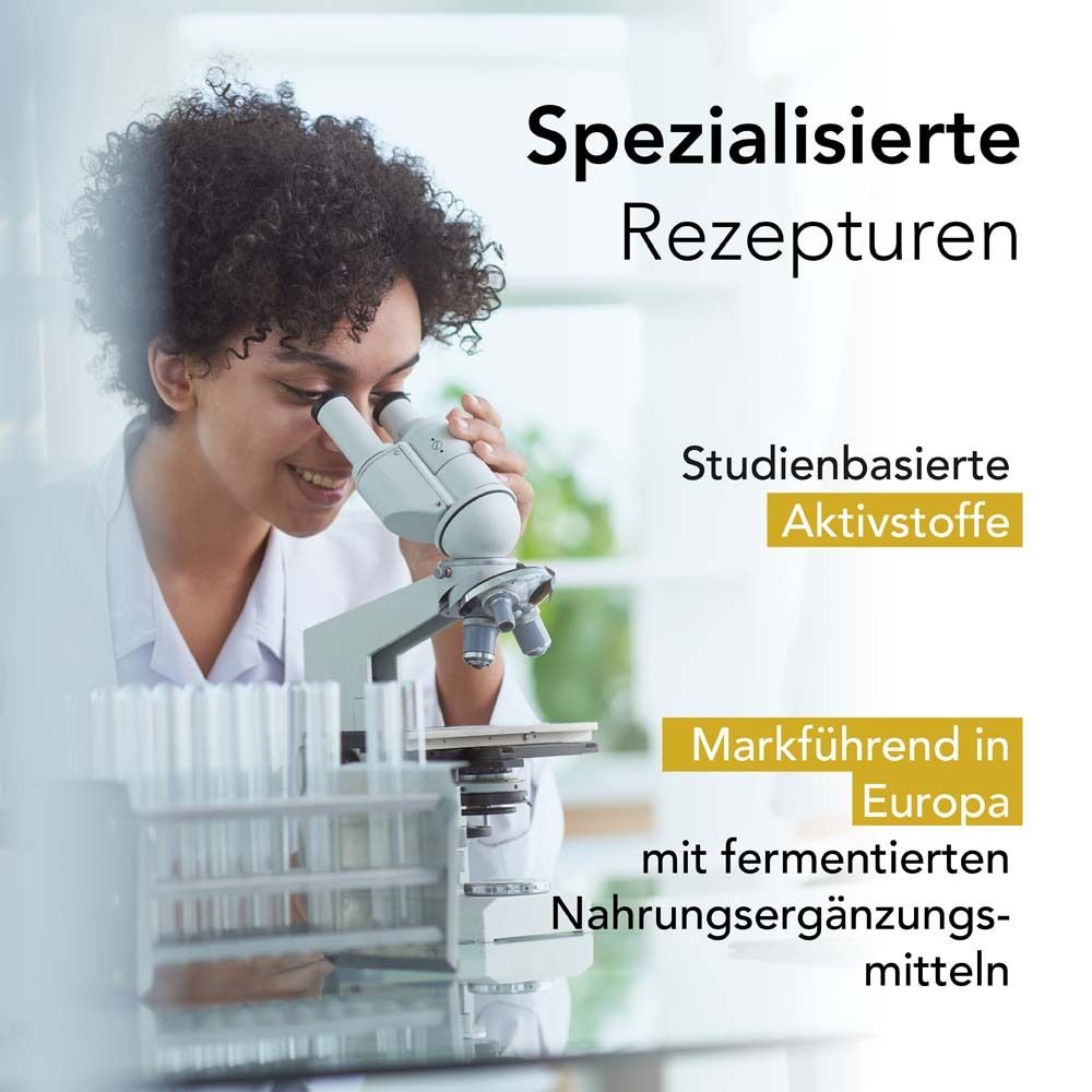 Frau mit Mikroskop. Text: Spezialisierte Rezepturen. Studienbasierte Aktivstoffe. Marktführend in Europa mit fermentierten Nahrungsergänzungsmitteln.