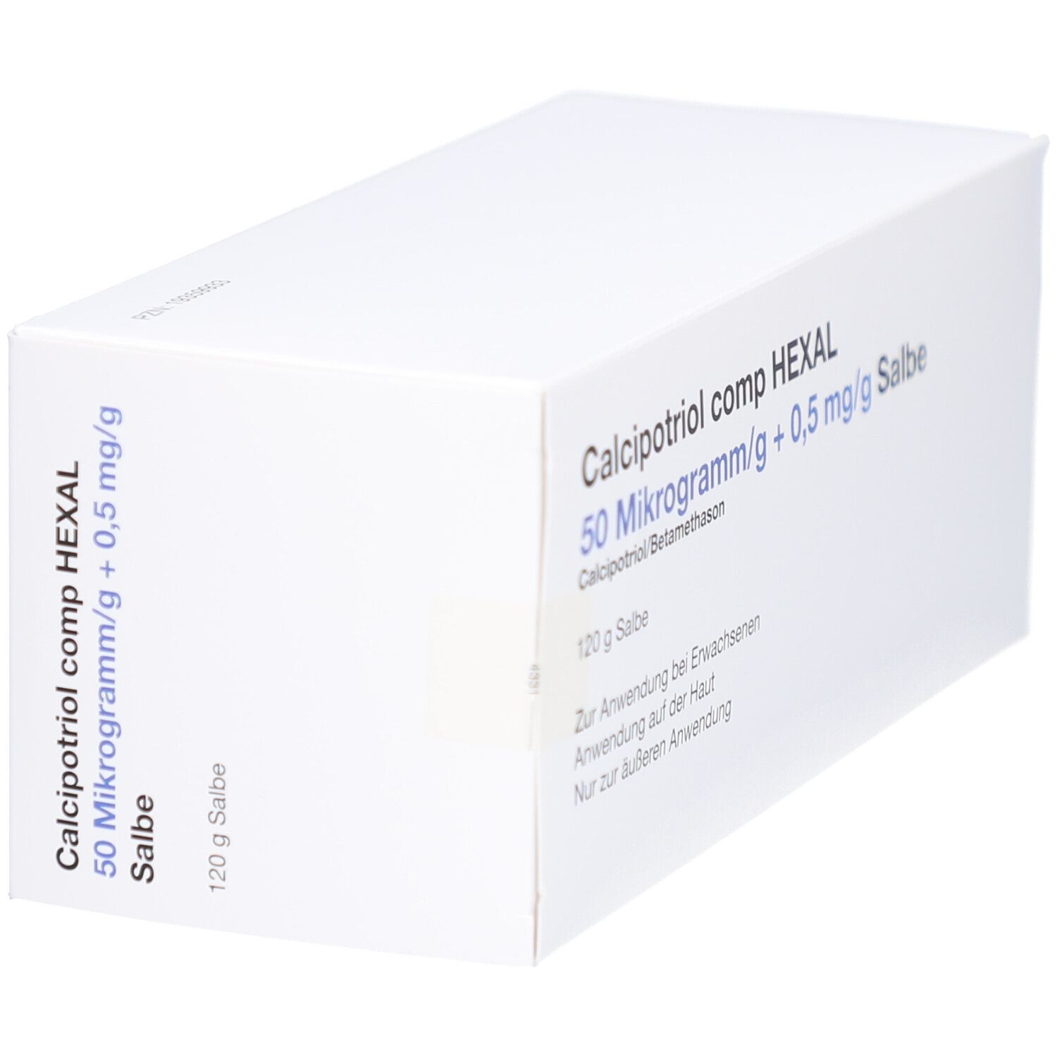 Weiße Produktverpackung mit blauer Schrift. Beschriftung: CALCIPOTRIOL comp HEXAL 50 Mikrogramm/g + 0,5 mg/g Salbe. 120 g Salbe.