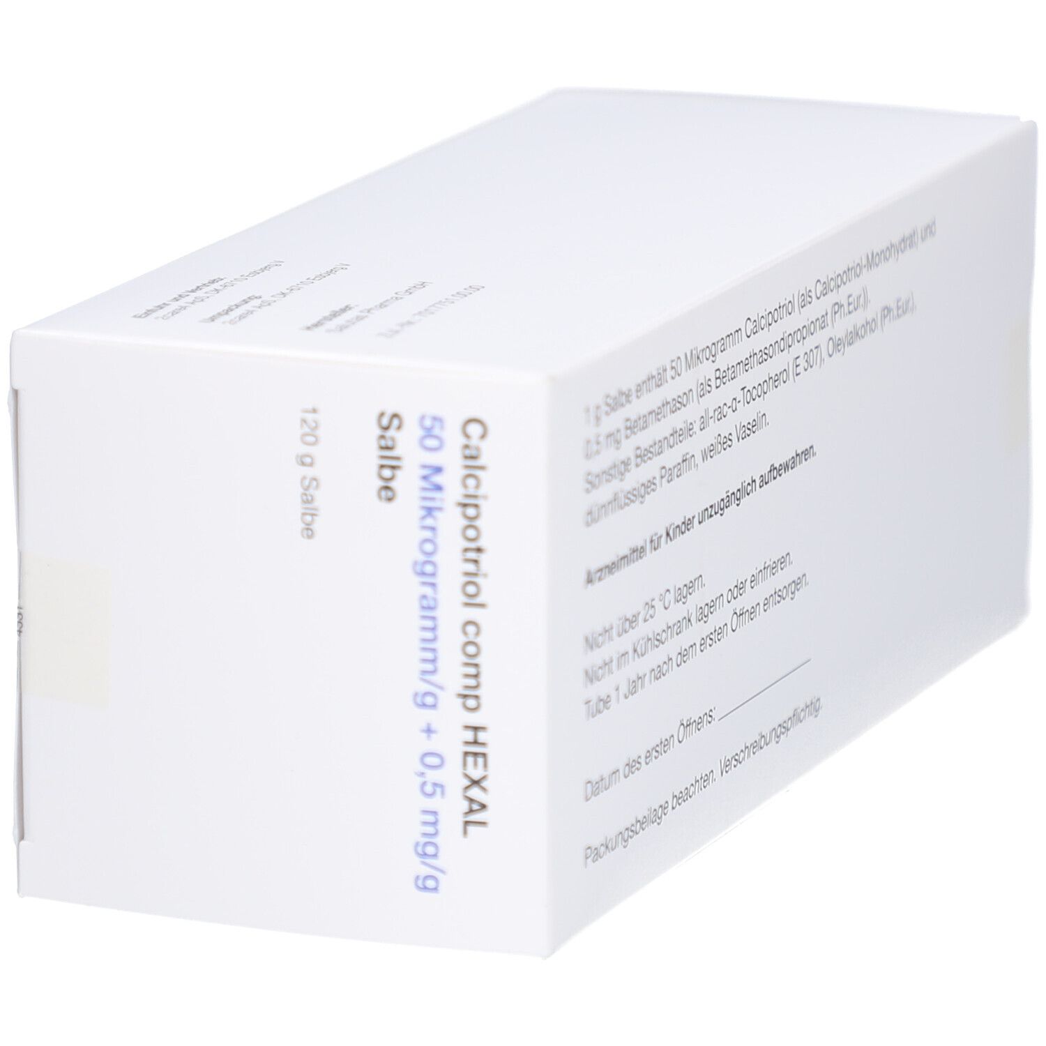 Weiße Produktverpackung, schräg. Beschriftung: CALCIPOTRIOL comp HEXAL 50 Mikrogramm/g + 0,5 mg/g Salbe. 120 g Salbe.