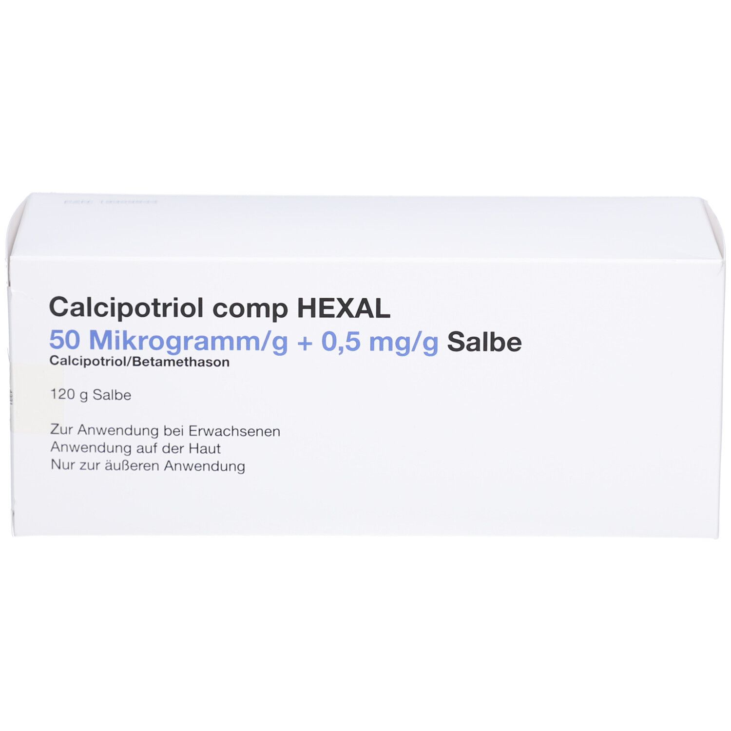 Weiße Produktverpackung. Beschriftung: CALCIPOTRIOL comp HEXAL 50 Mikrogramm/g + 0,5 mg/g Salbe. 120 g Salbe. Für Erwachsene. Nur zur äußeren Anwendung.