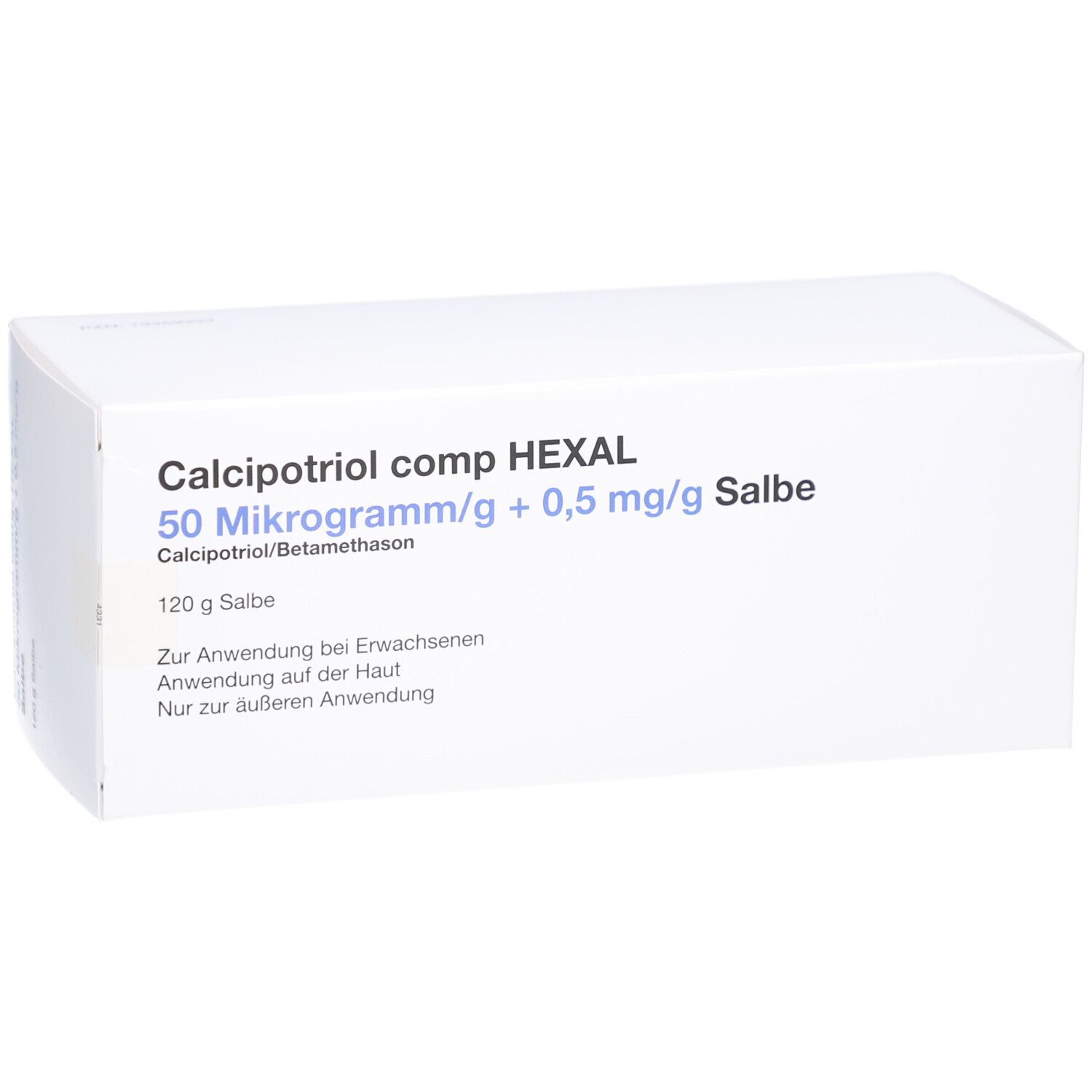 Weiße Produktverpackung. Beschriftung: CALCIPOTRIOL comp HEXAL 50 Mikrogramm/g + 0,5 mg/g Salbe. 120 g Salbe. Für Erwachsene. Nur zur äußeren Anwendung.
