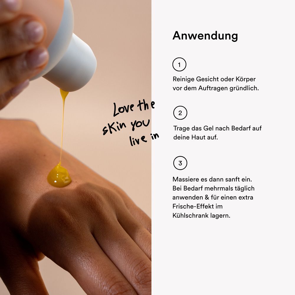 Hand, auf die Gel aus einer Flasche gegossen wird. Text: Anwendung. Schritte: Reinigen, auftragen, einmassieren. Text: Love the skin you live in.
