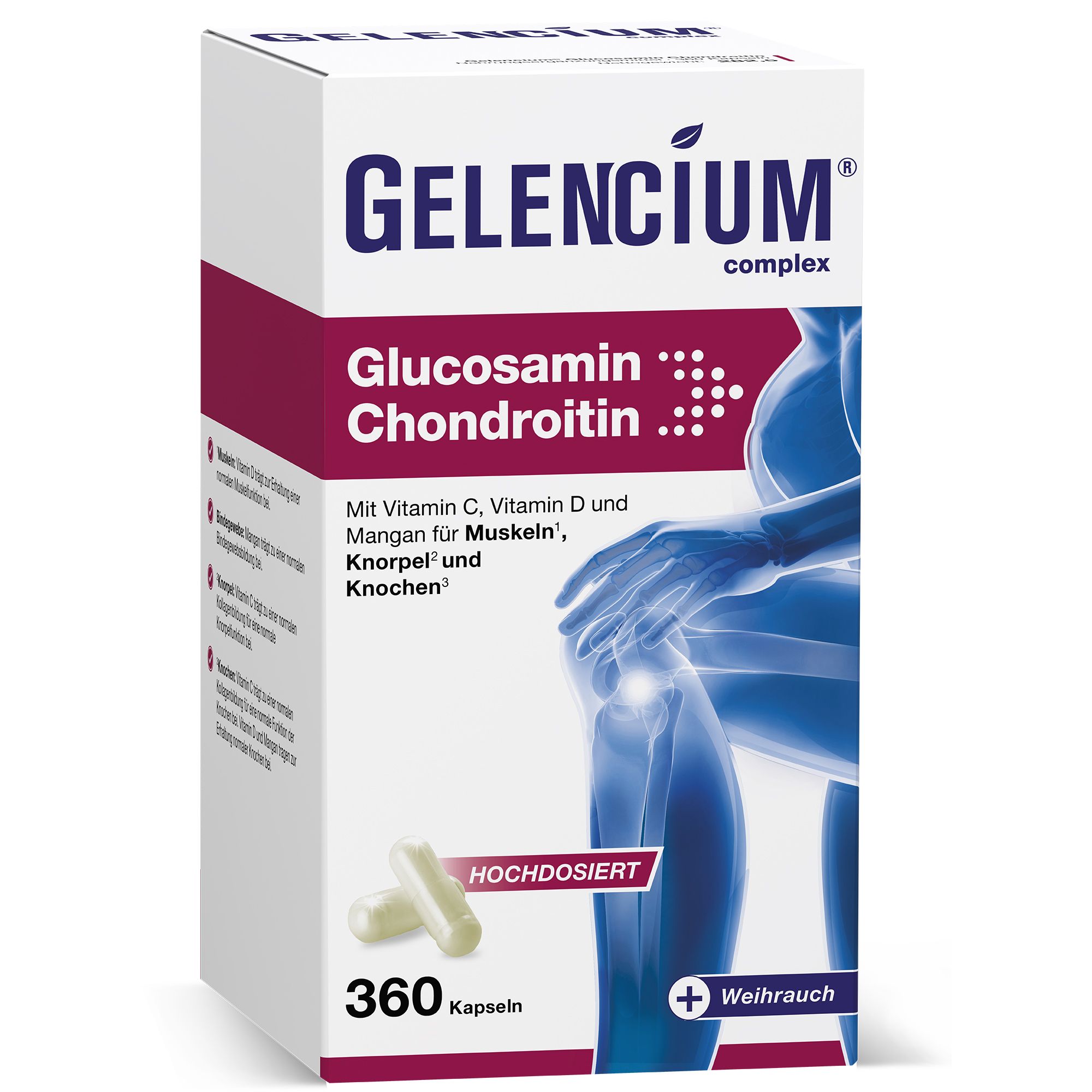 GELENCIUM® Glucosamin Chondroitin-Packung. Weiße Kapseln, 360 Stück. Aufdruck: Glucosamin, Chondroitin. Mit Vitamin C, D, Mangan.