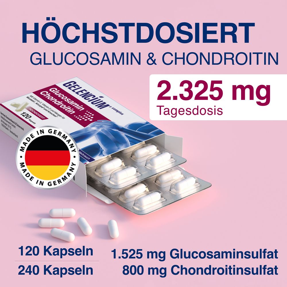 Packung GELENCIUM® Glucosamin & Chondroitin. 120 Kapseln. 2.325 mg Tagesdosis. Blisterpackung mit Kapseln. Made in Germany.