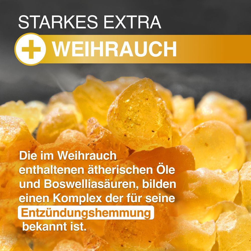 Nahaufnahme von Weihrauchharz. Gelbliche, unregelmäßige Stücke. Text: Ätherische Öle und Boswelliasäuren für Entzündungshemmung.