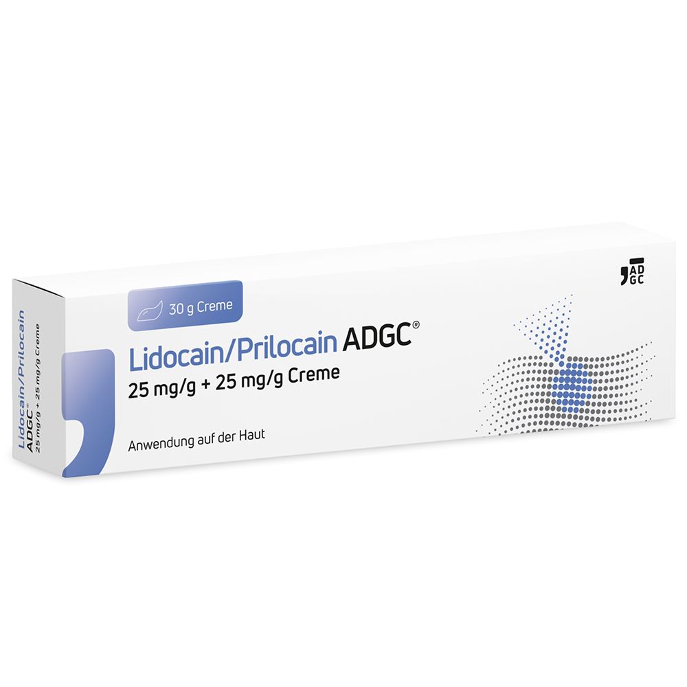 Weiße Faltschachtel mit Lidocain/Prilocain ADGC Creme. Aufdruck: 25 mg/g + 25 mg/g Creme, 30 g.