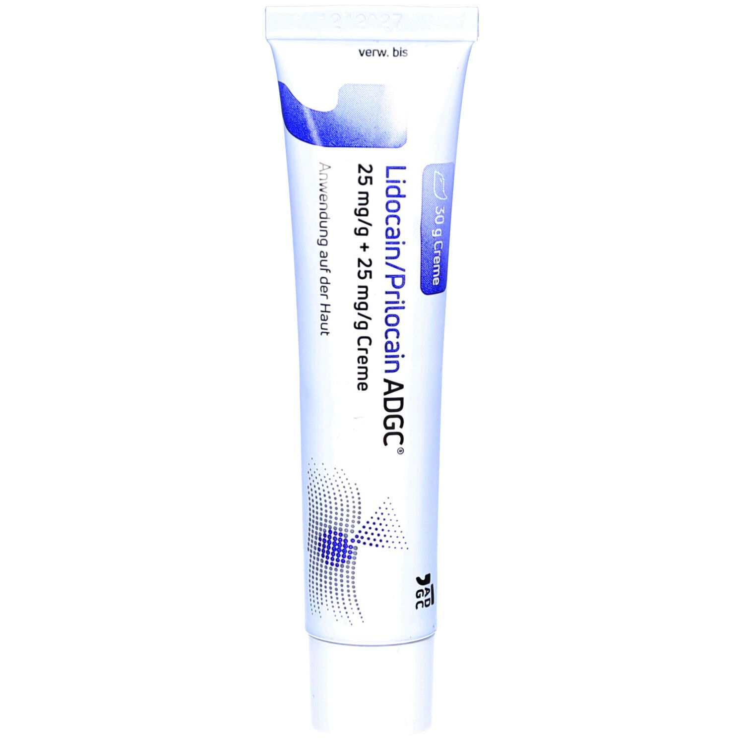 Creme-Tube mit Produktnamen und Inhaltsangabe. Blaue und weiße Farbgebung. 30 g Creme.