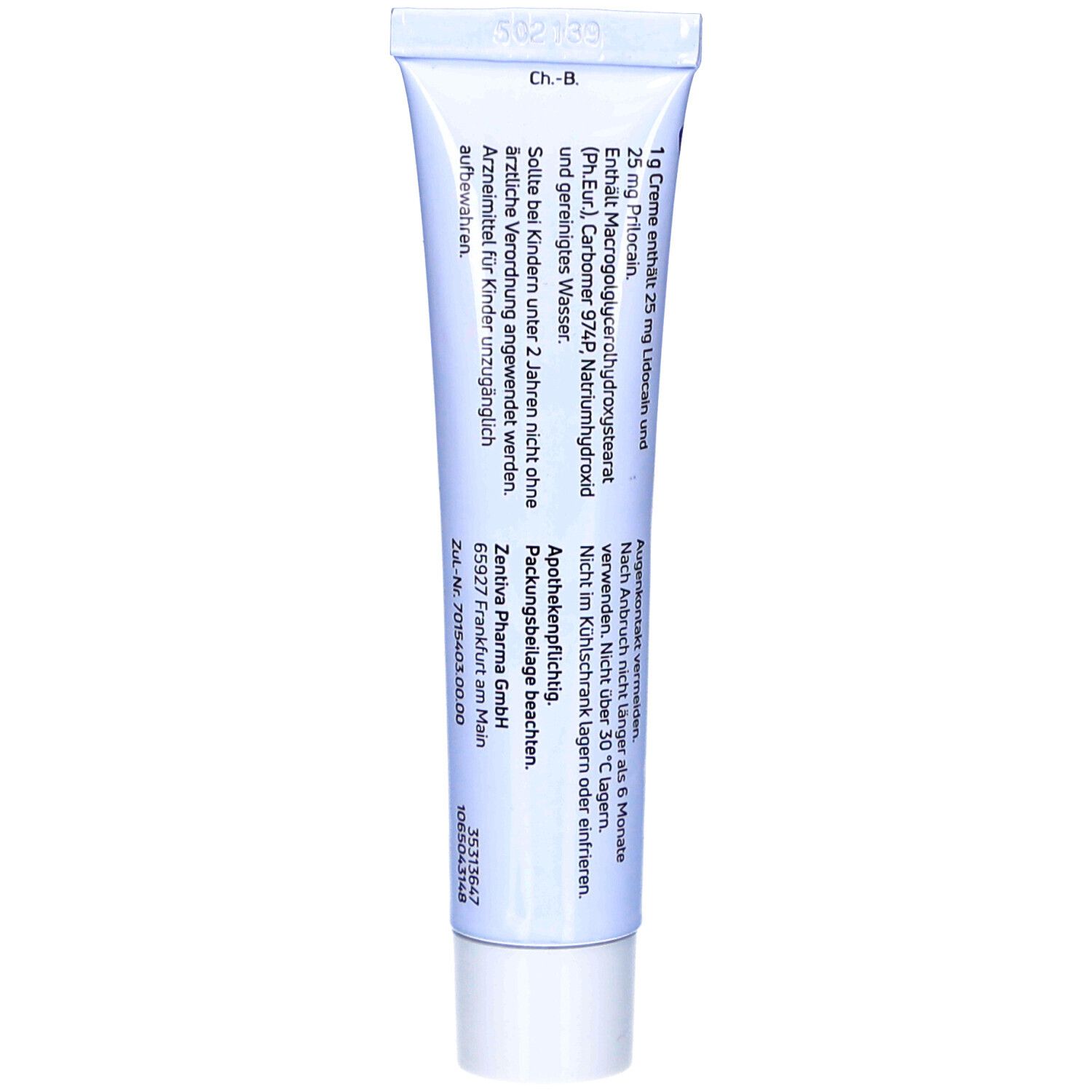 Rückseite der Creme-Tube mit Inhaltsstoffen und Herstellerinformationen. Text in deutscher Sprache.