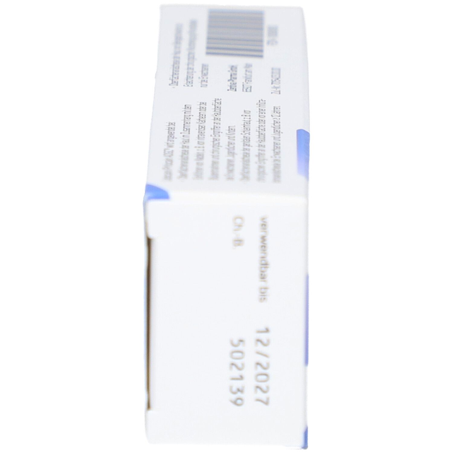 Seitenansicht der Produktverpackung. Weiße Verpackung mit blauen Akzenten. Text und Barcode sichtbar.