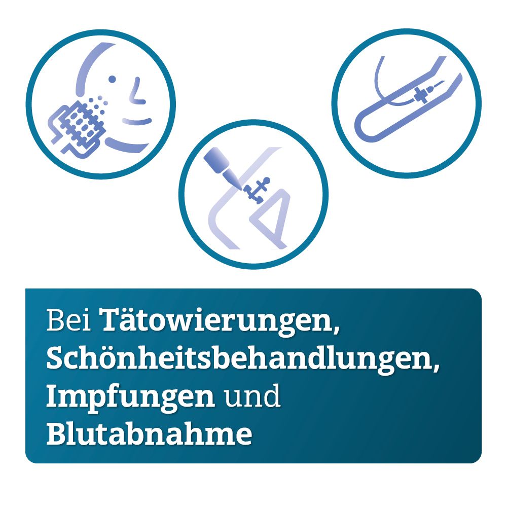 Grafische Darstellung von Tätowierung, Schönheitsbehandlung, Impfung und Blutabnahme. Text: Bei Tätowierungen, Schönheitsbehandlungen, Impfungen und Blutabnahme.
