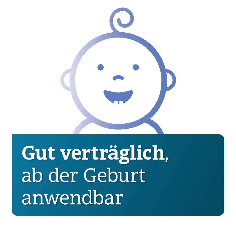 Grafik eines Babys. Text: Gut verträglich, ab der Geburt anwendbar.