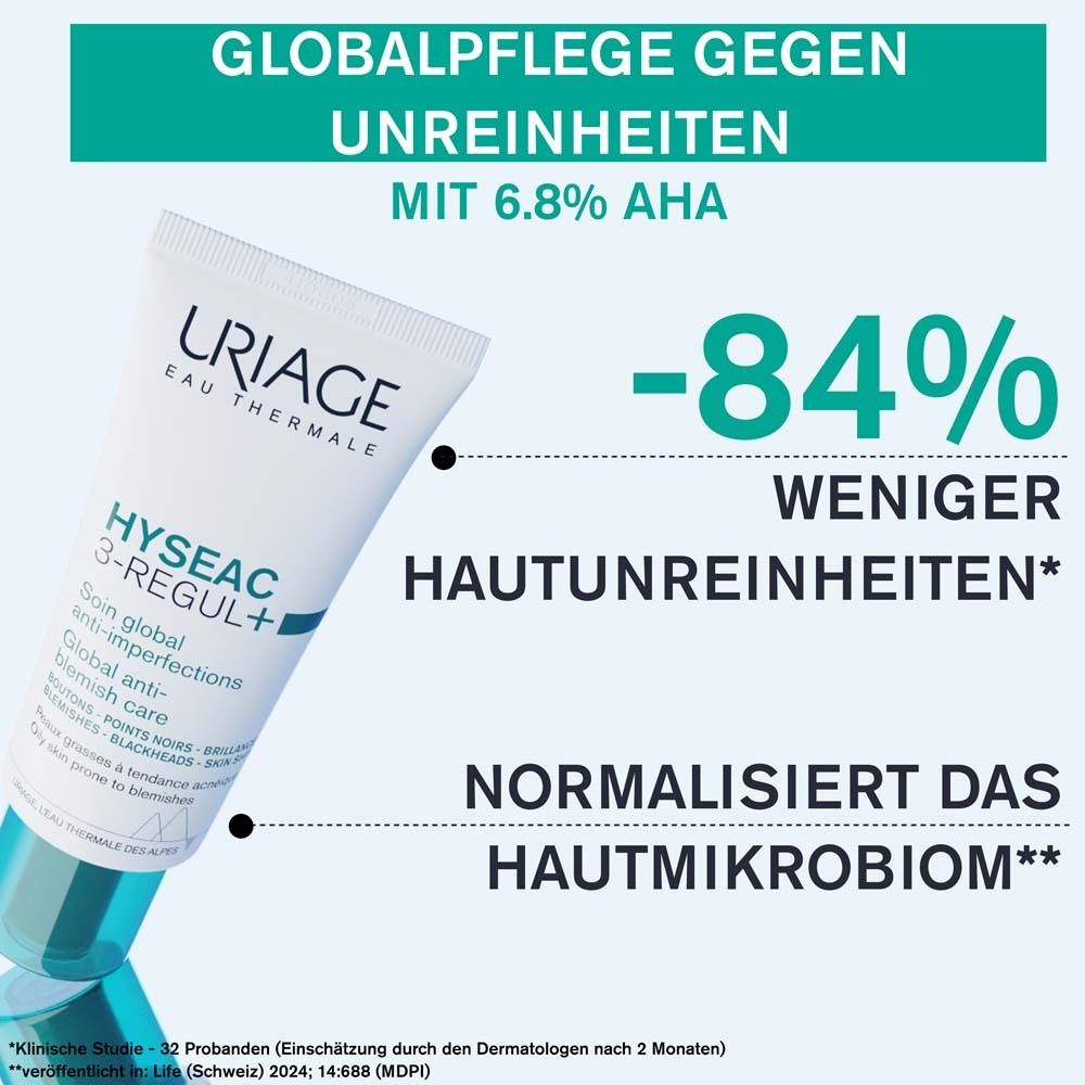 Tube de produit et texte. Texte : Soin global contre les imperfections, -84% moins d'imperfections cutanées, normalise le microbiome cutané.