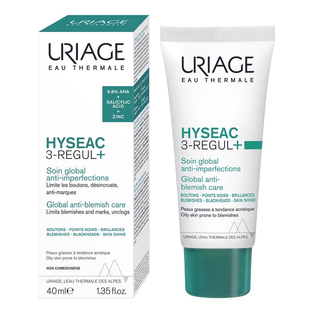 Tube de produit et emballage. Texte : Uriage Hyseac 3-Regul+. 40ml, 1.35 fl.oz. 6,8% AHA, Acide salicylique, Zinc.
