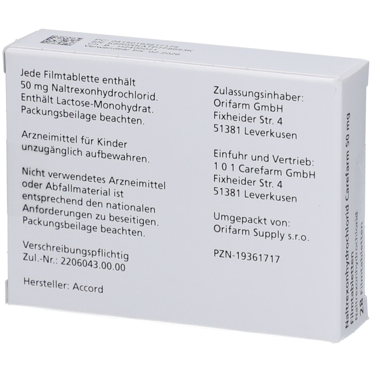 NALTREXONHYDROCHLORID Carefarm 50 mg Filmtabletten