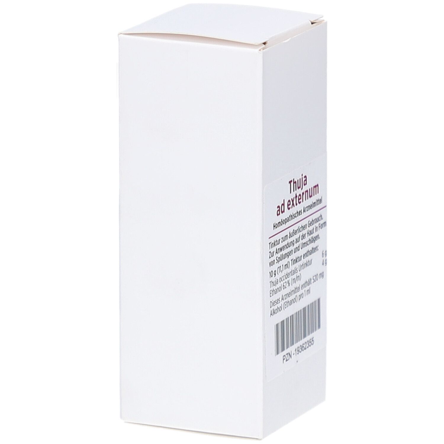 Weiße Faltschachtel mit Produktinformationen. Aufdruck: THUJA ad externum, homöopathisches Arzneimittel. Barcode und PZN-19362355.
