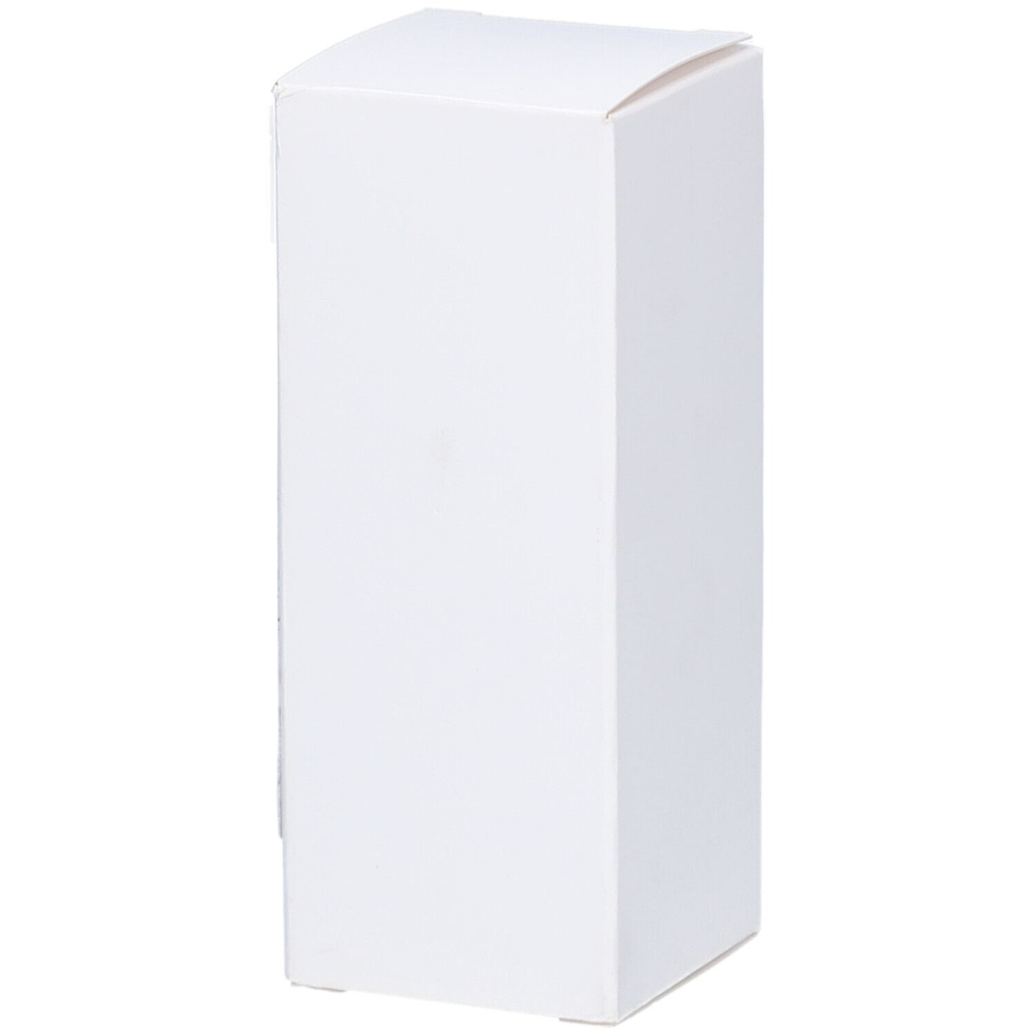 Weiße, rechteckige Faltschachtel. Die Schachtel ist geschlossen und steht aufrecht.