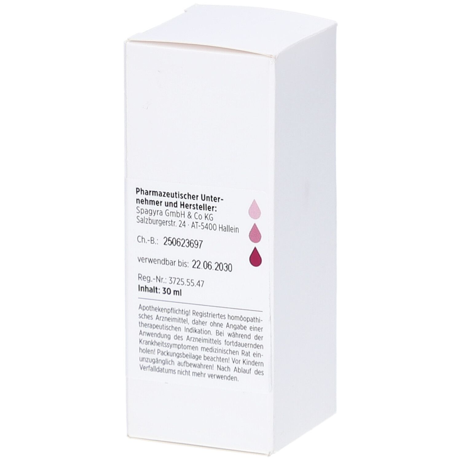 Weiße Faltschachtel mit Produktinformationen. Aufdruck: Pharmazeutischer Unternehmer und Hersteller. Inhalt: 30 ml.