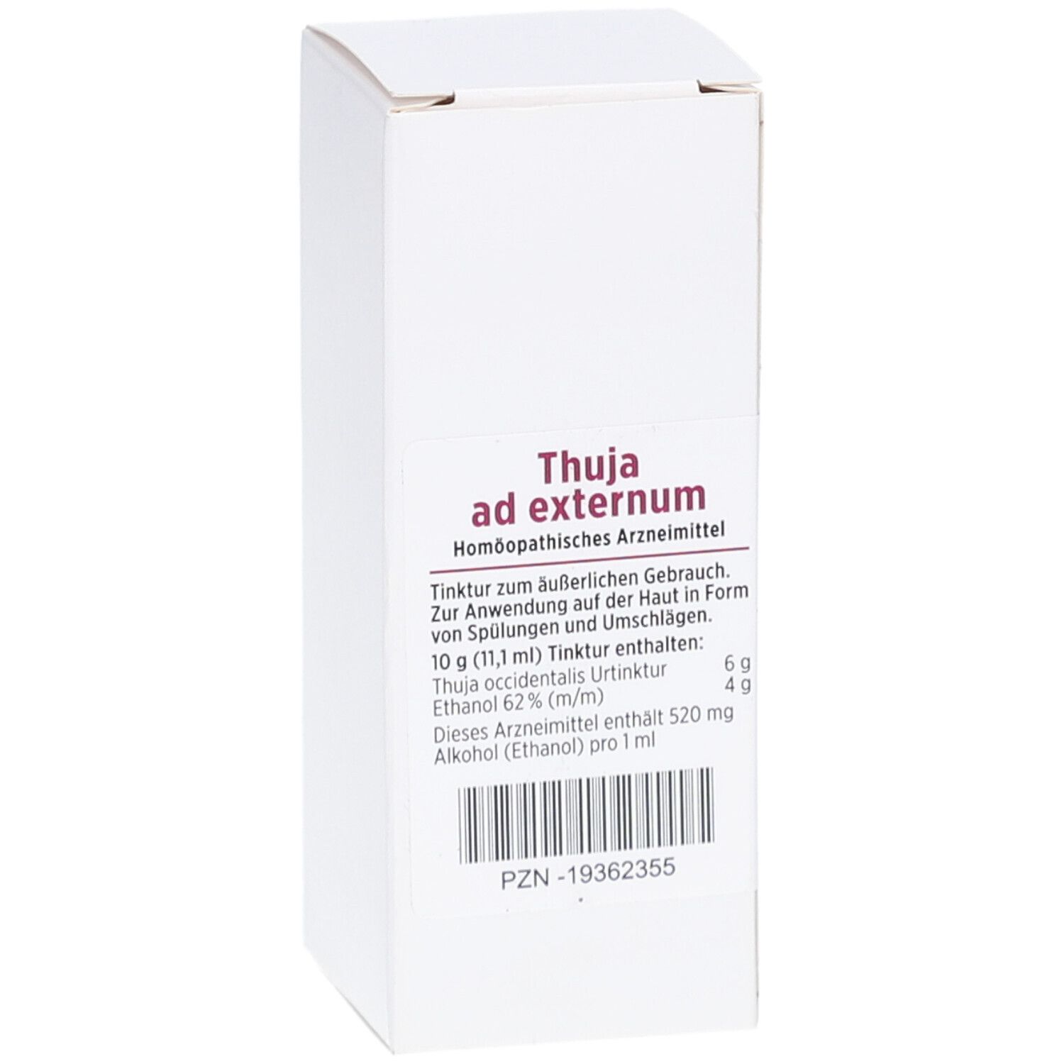 Weiße Faltschachtel mit Produktinformationen. Aufdruck: THUJA ad externum, homöopathisches Arzneimittel. PZN-19362355.