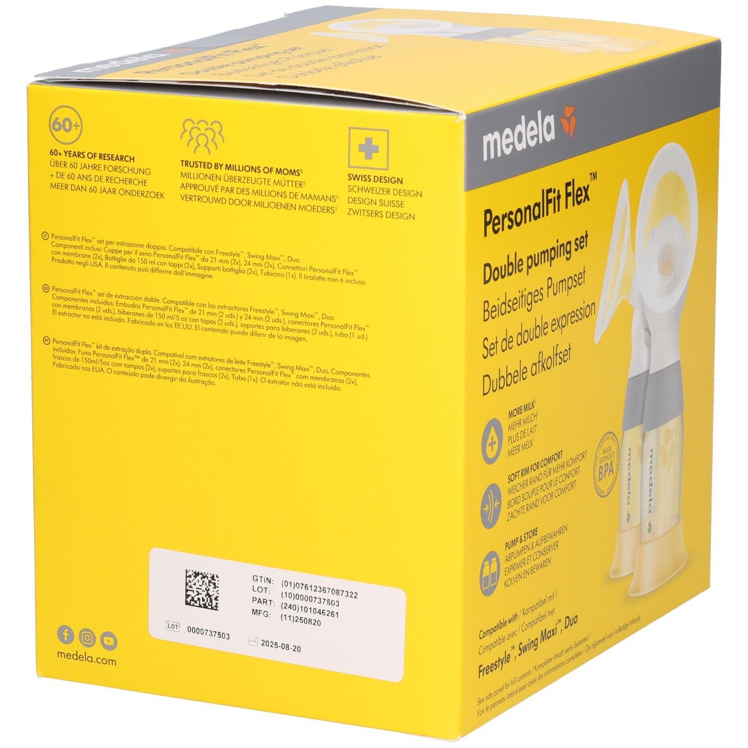 Rückseite der Medela PersonalFit Flex Doppel-Ausdrucksset Verpackung mit Forschungsinformationen und Swiss Design Logo.