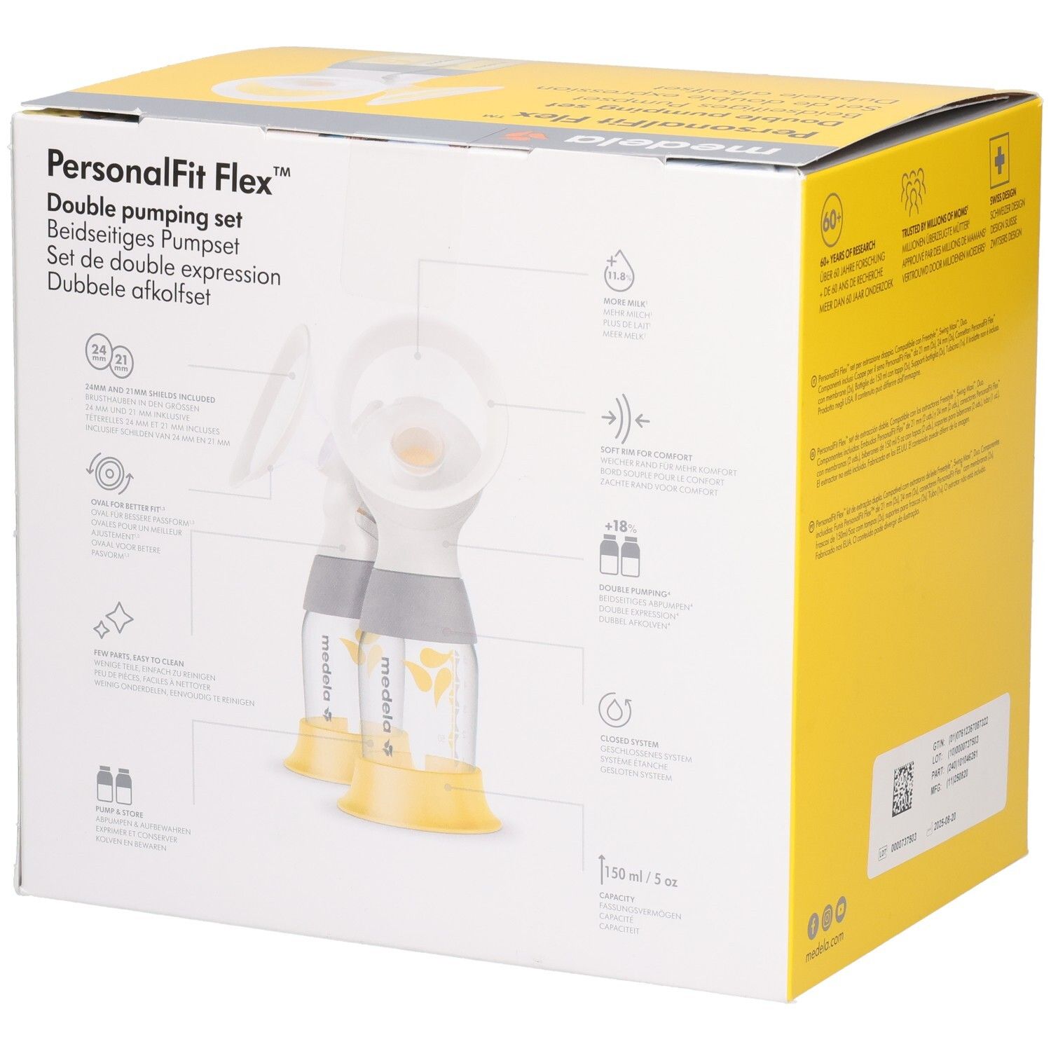 Seitenansicht der Medela PersonalFit Flex Doppel-Ausdrucksset Verpackung mit Produktabbildungen und Merkmalen.