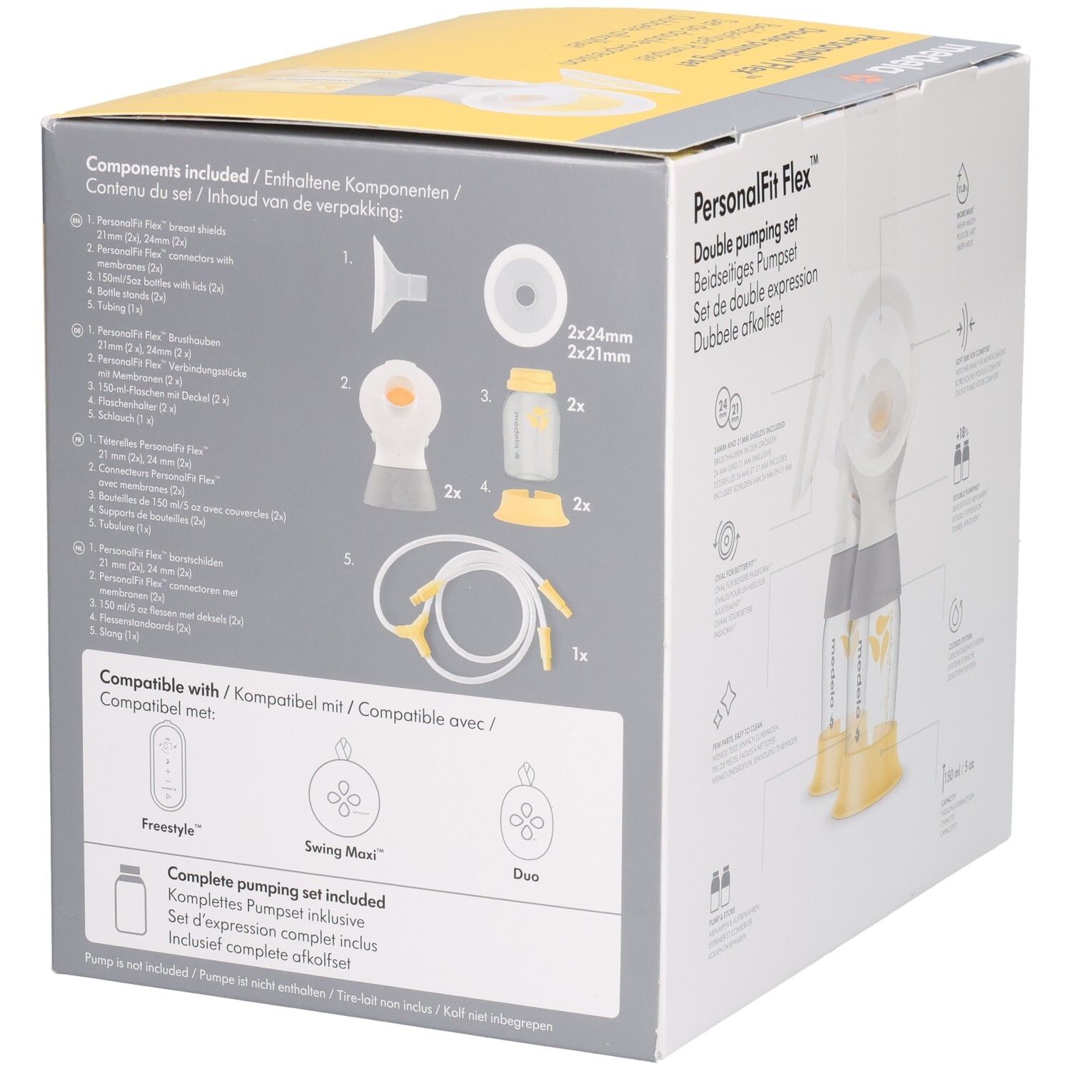 Medela PersonalFit Flex Doppel-Ausdrucksset Verpackung mit Übersicht der enthaltenen Komponenten und Größenangaben.
