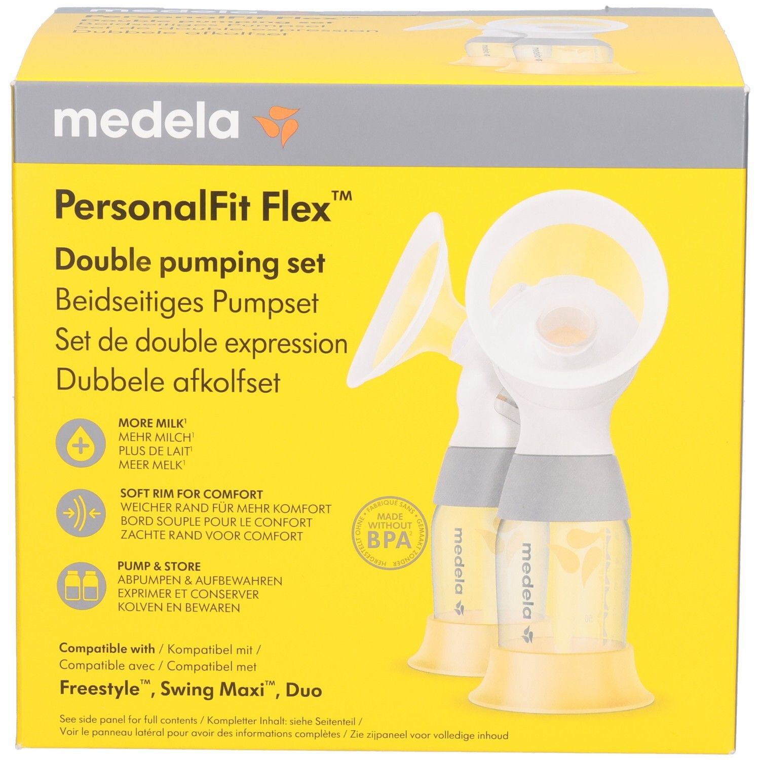 Vorderseite der Medela PersonalFit Flex Doppel-Ausdrucksset Verpackung mit Produktabbildung und Markenschriftzug.