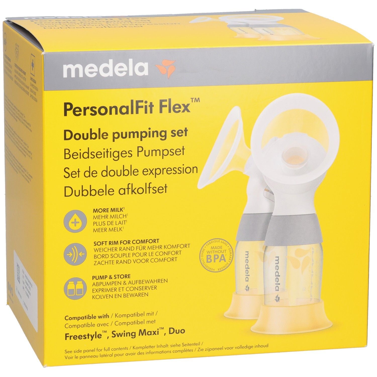 Medela PersonalFit Flex Doppel-Ausdrucksset Verpackung mit Brustglocken, Flaschen und Kompatibilitätsinformationen.