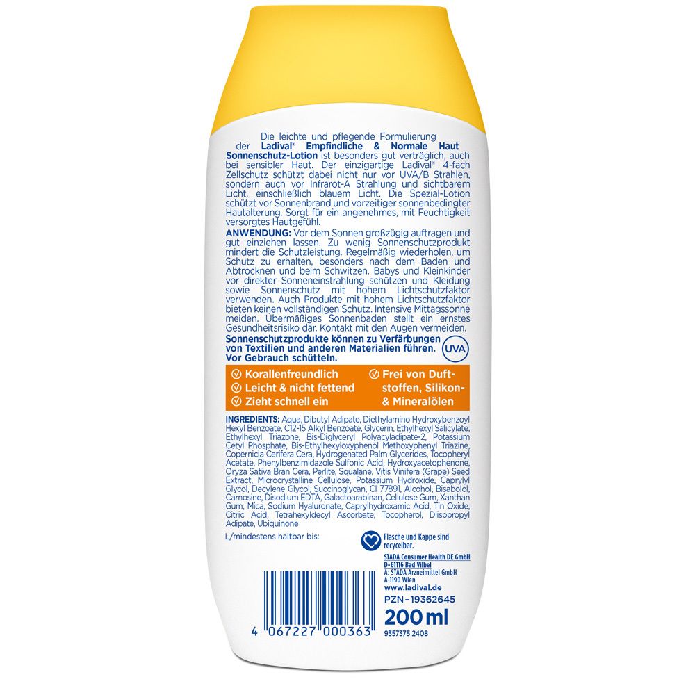 Rückseite der Flasche. Text in deutscher Sprache. Inhaltsstoffe, Hinweise zur Anwendung und Informationen zur Marke.