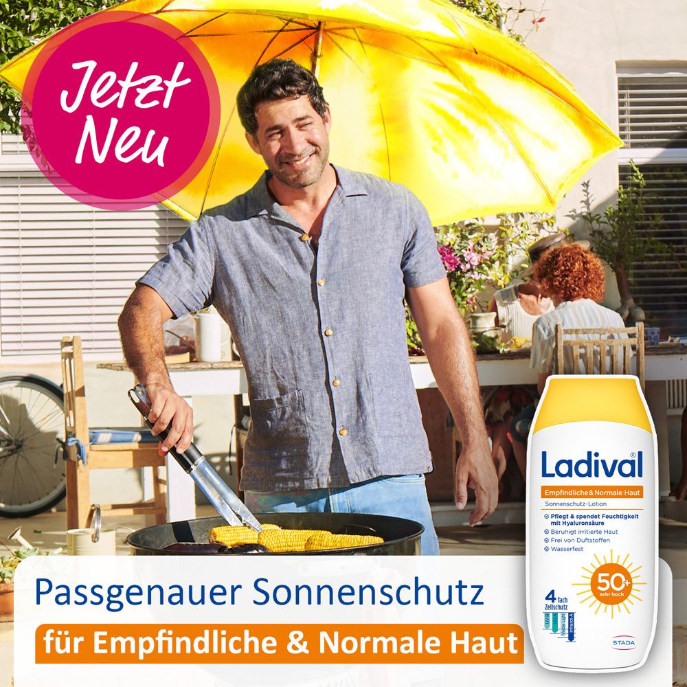 Mann am Grill mit Ladival-Flasche. Text: Passgenauer Sonnenschutz für empfindliche & normale Haut. Jetzt Neu.