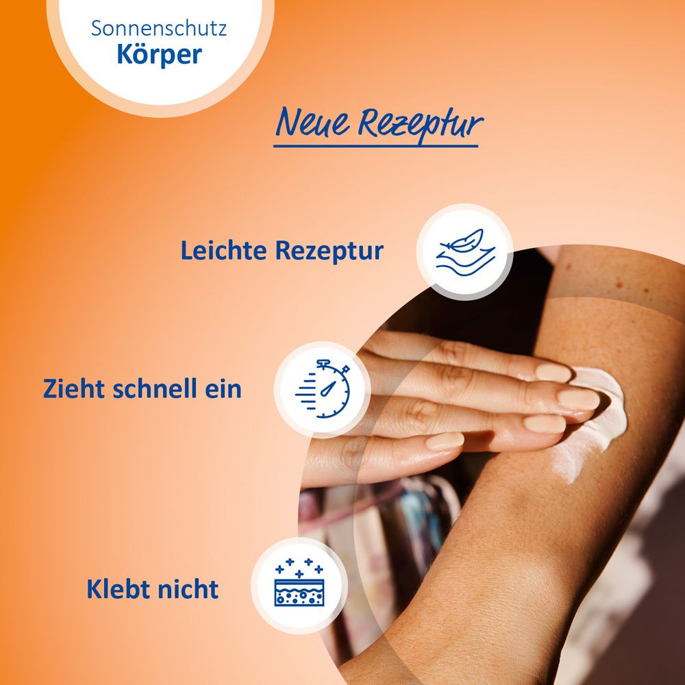 Text und Symbole: Leichte Rezeptur, zieht schnell ein, klebt nicht. Hand mit Creme.