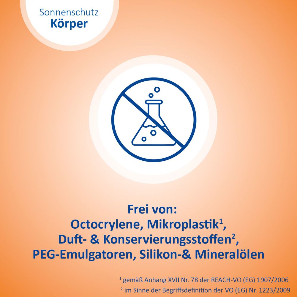 Kreisförmiges Symbol: Frei von Octocrylen, Mikroplastik, Duft- & Konservierungsstoffen, PEG-Emulgatoren, Silikon-& Mineralölen.