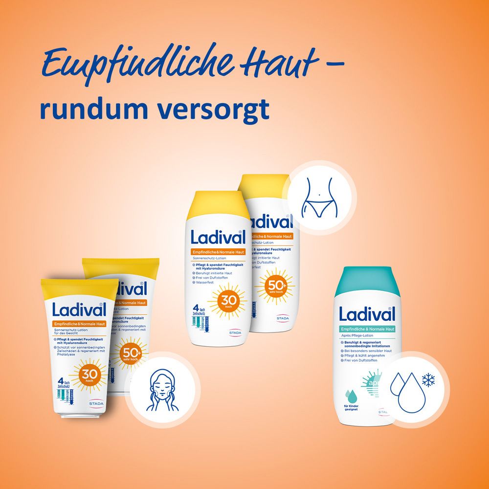 Verschiedene Ladival-Produkte. Text: Empfindliche Haut - rundum versorgt. Produktabbildungen.