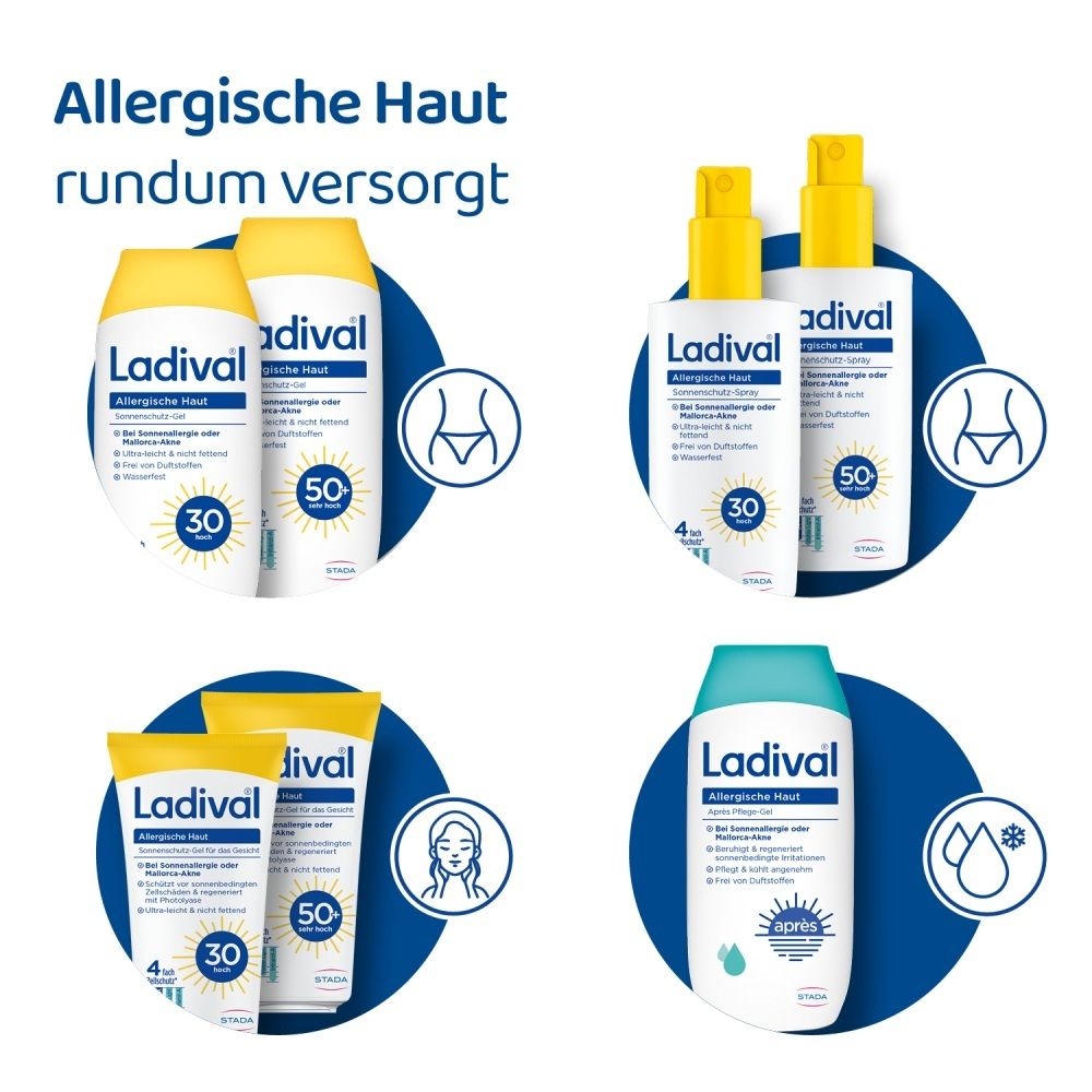 Ladival Sonnenschutz-Gel für allergische Haut, 200ml Flasche. Rückseite mit Anwendung und Inhaltsstoffen.