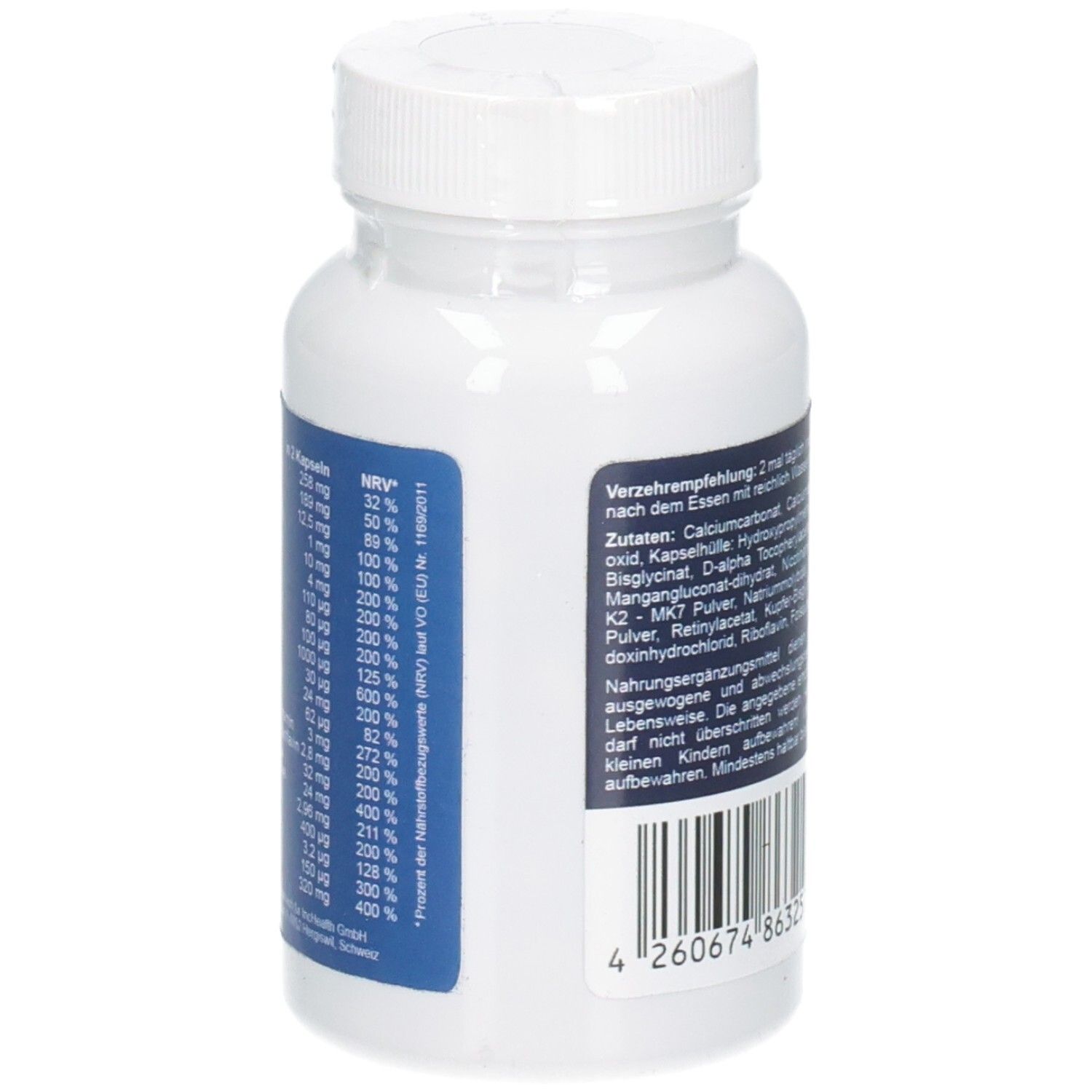 Seitenansicht der DIOPTIK Big Pack Kapseldose mit Nährwerttabelle.