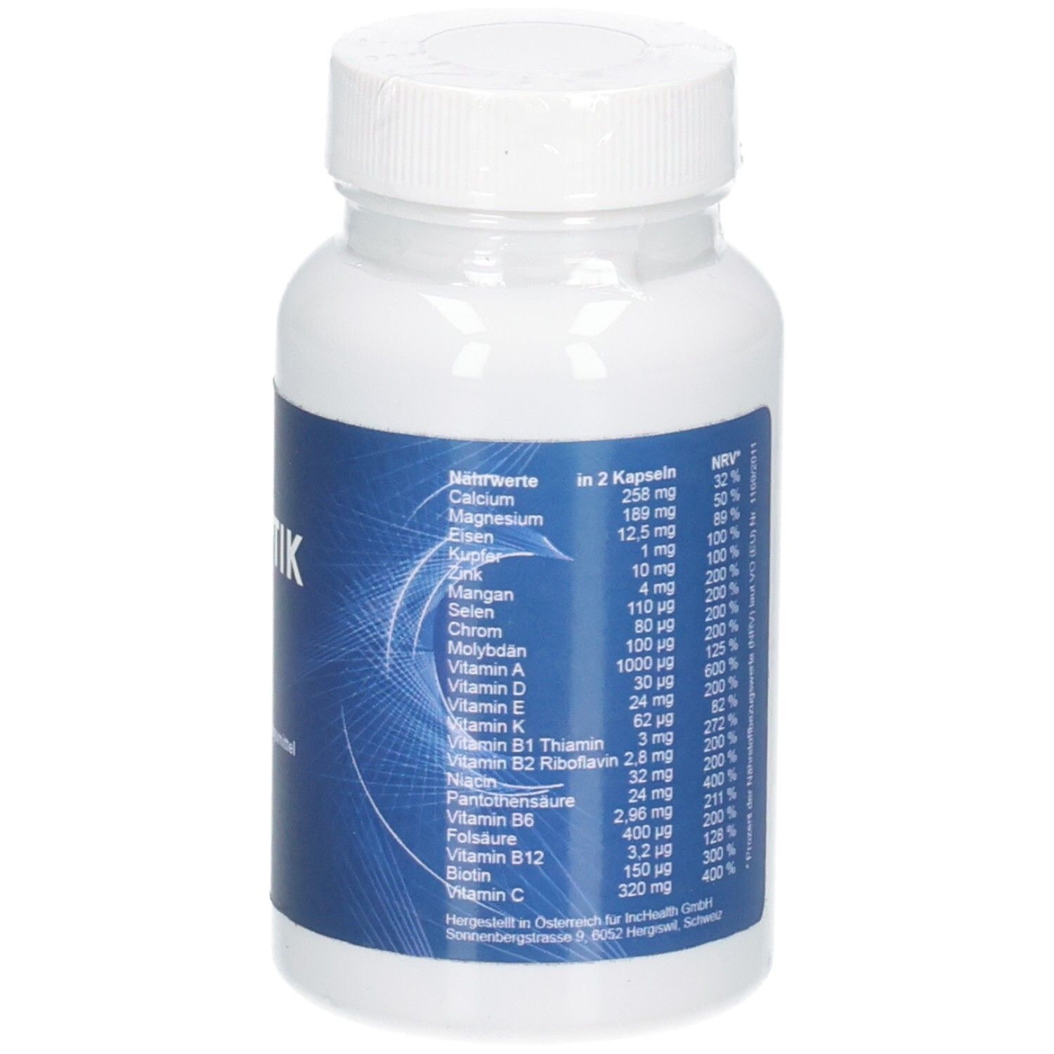 Nahaufnahme der DIOPTIK Big Pack Kapseldose, Nährwerttabelle mit Vitaminen und Mineralstoffen.