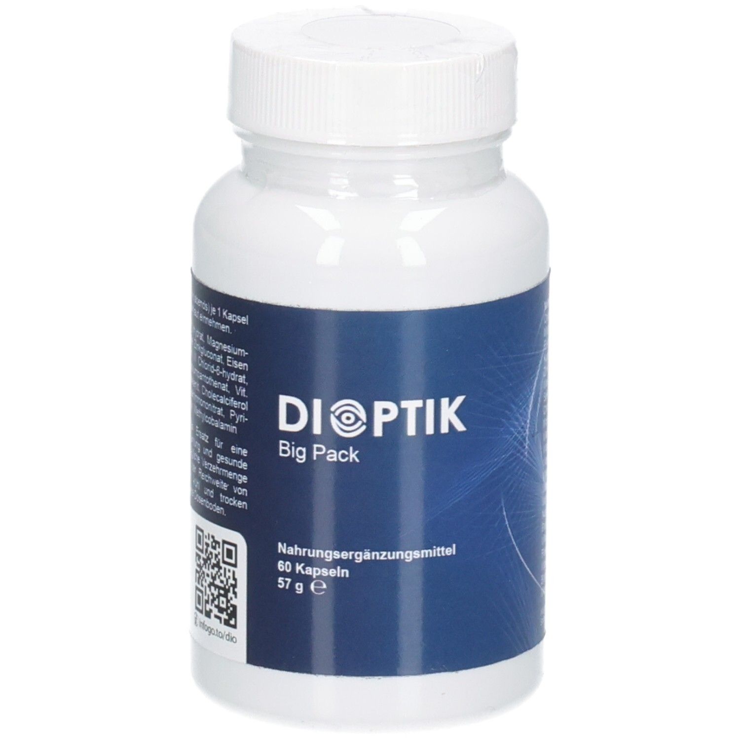 DIOPTIK Big Pack Kapseln: Weiße Dose mit blauem Etikett, 60 Kapseln, 57 g, Vorderansicht.