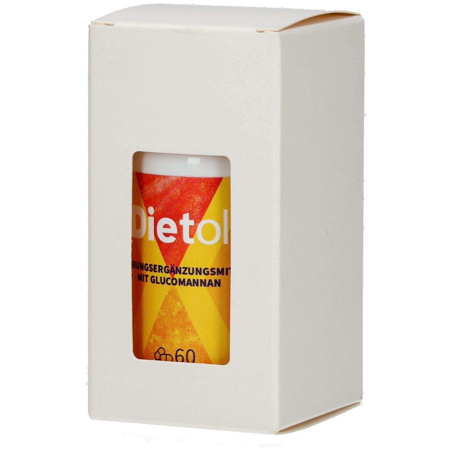 Verpackung mit Sichtfenster, zeigt eine Flasche Dietoll mit Glucomannan.