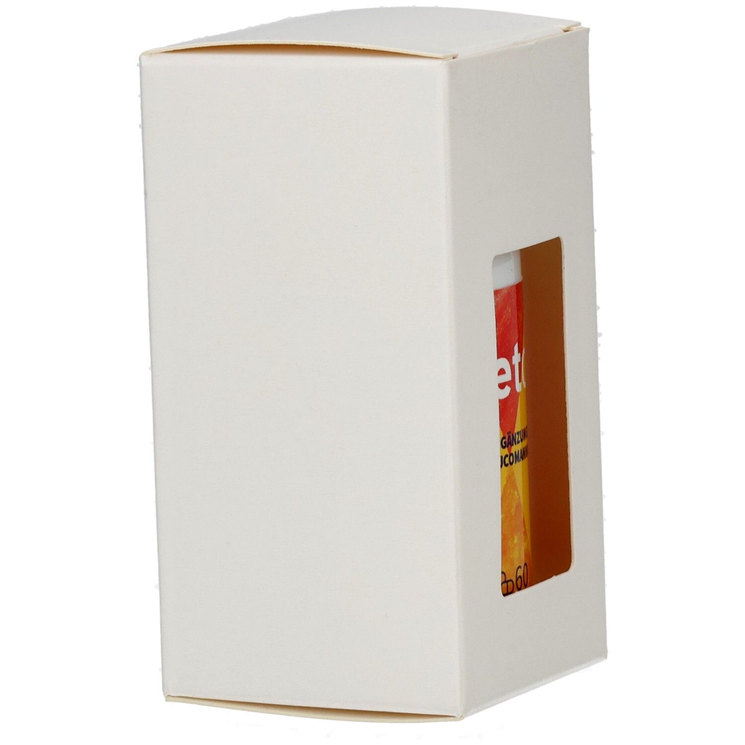 Seitenansicht der Verpackung mit Sichtfenster, zeigt eine Flasche Dietoll mit Glucomannan.