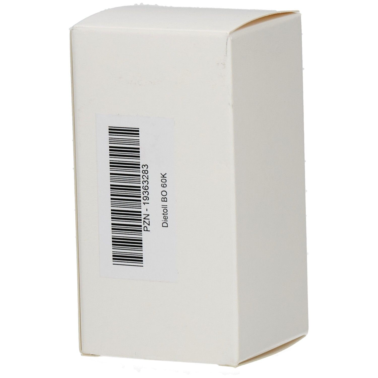 Weiße Verpackung mit Etikett und Barcode, zeigt Dietoll BO 60k.