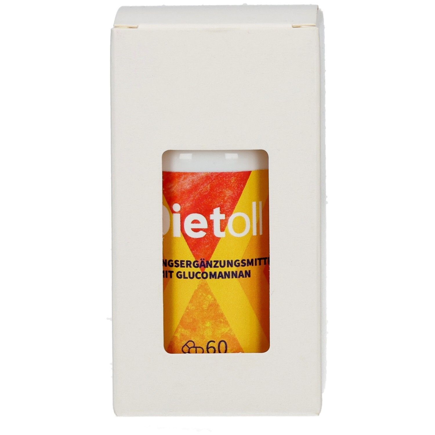 Verpackung mit Sichtfenster, zeigt eine Flasche Dietoll mit Glucomannan und der Zahl 60.