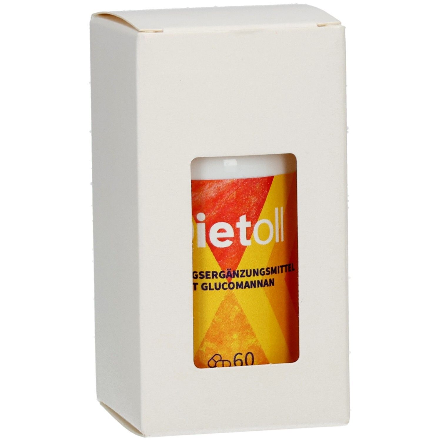 Verpackung mit Sichtfenster, zeigt eine Flasche Dietoll mit Glucomannan und der Zahl 60.