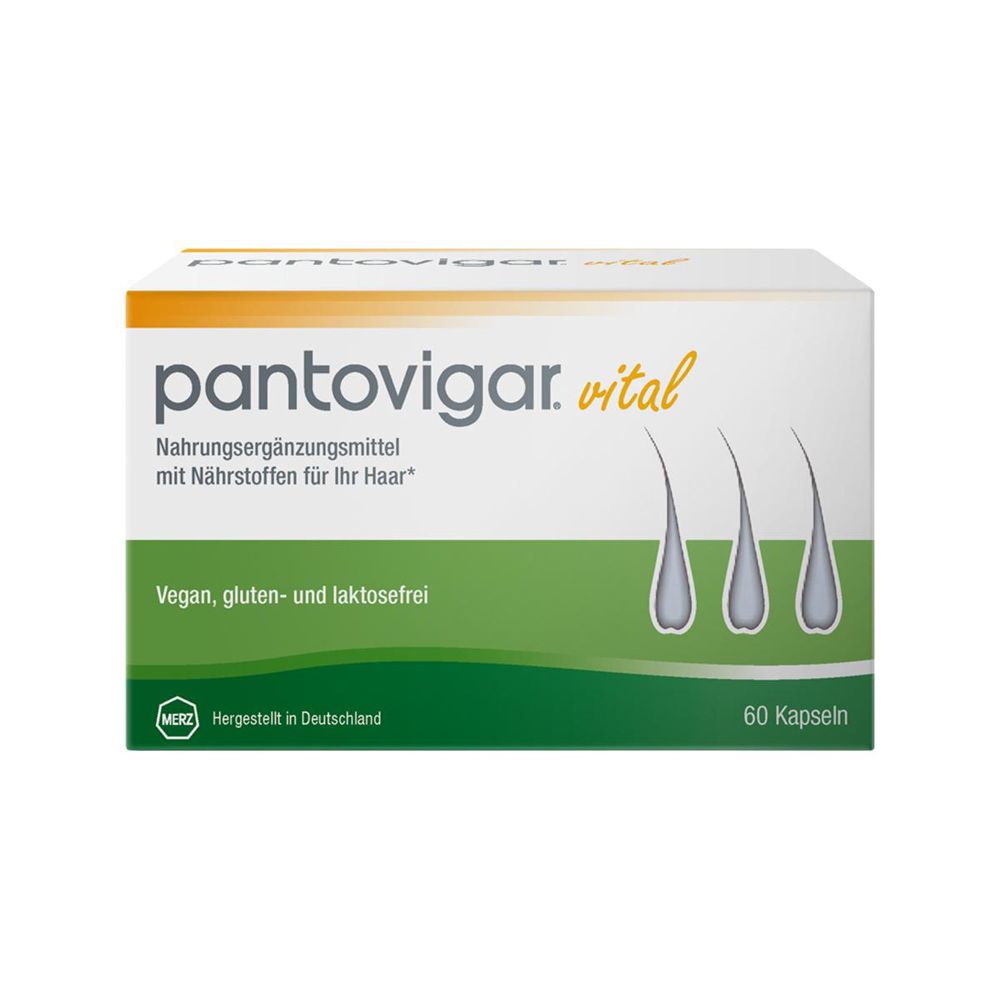 Weiß-grüne Schachtel mit „pantovigar. vital“. Enthält 60 Kapseln. Vegan, gluten- und laktosefrei.