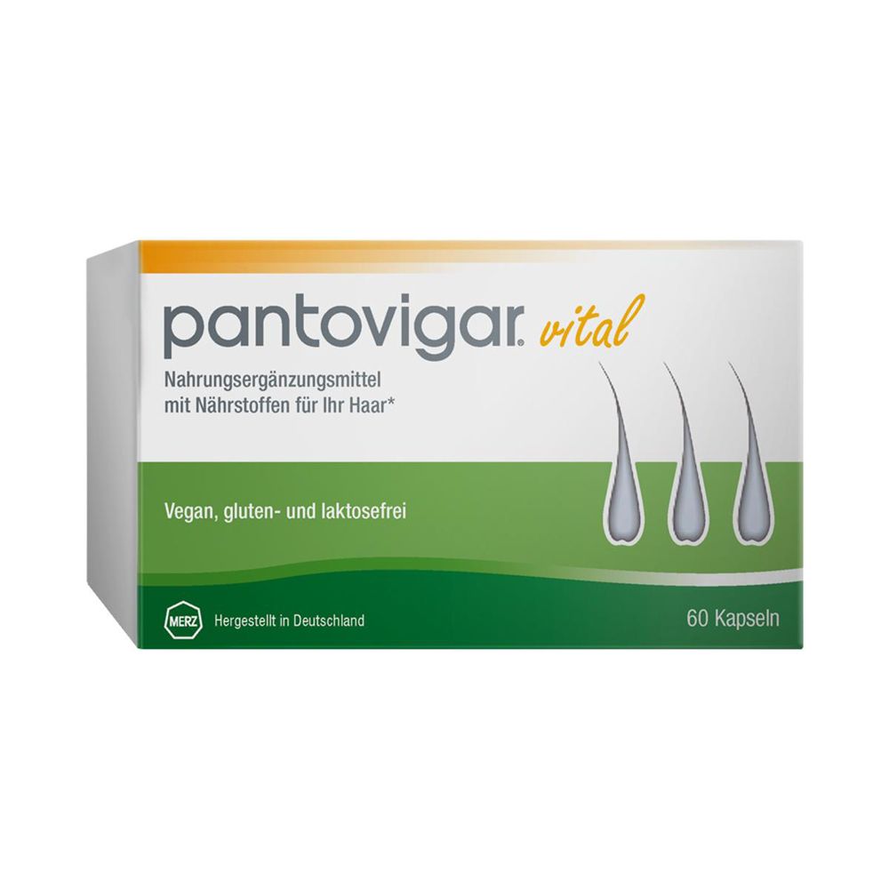 Weiß-grüne Schachtel mit „pantovigar. vital“. Enthält 60 Kapseln. Vegan, gluten- und laktosefrei.