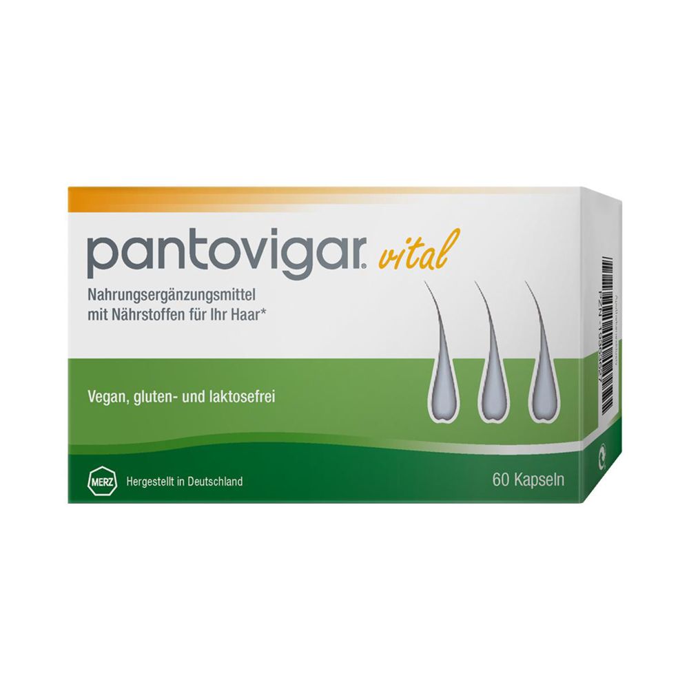 Weiß-grüne Schachtel mit „pantovigar. vital“. Enthält 60 Kapseln. Vegan, gluten- und laktosefrei.