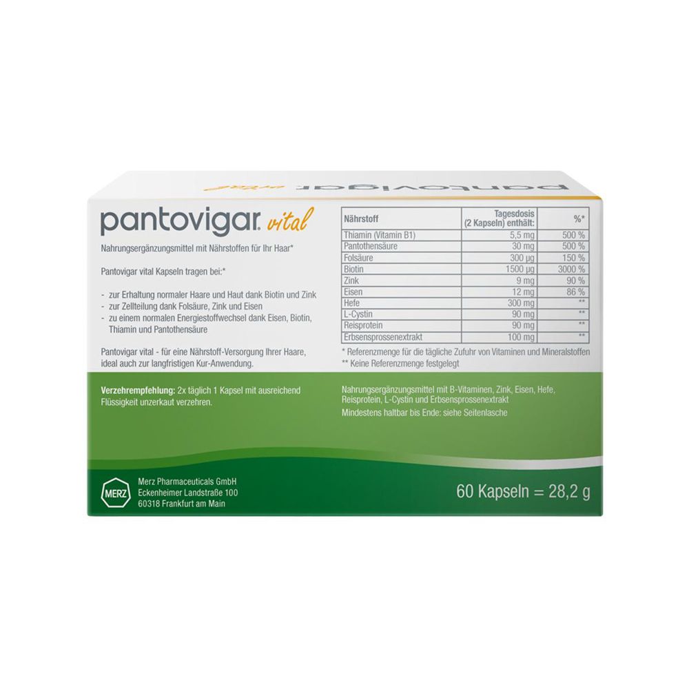 Schachtel mit „pantovigar. vital“. Rückseite mit Nährwerttabelle. Enthält 60 Kapseln. Vegan, gluten- und laktosefrei.