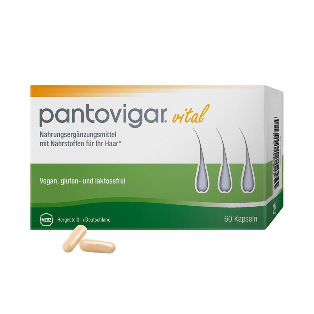Weiß-grüne Schachtel mit „pantovigar. vital“ und zwei Kapseln. Enthält 60 Kapseln. Vegan, gluten- und laktosefrei.