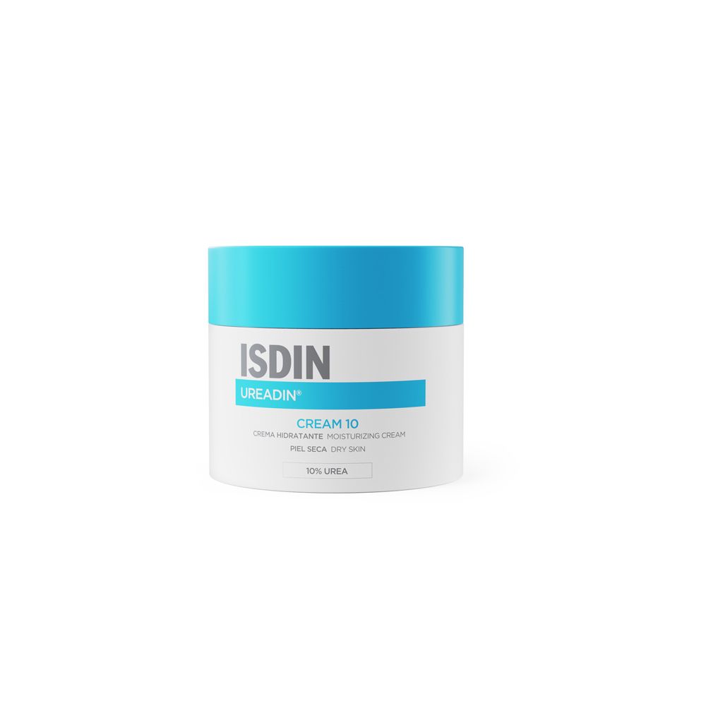 Creme-Dose mit blauem Deckel. Aufschrift: ISDIN UREADIN CREAM 10. Für trockene Haut.