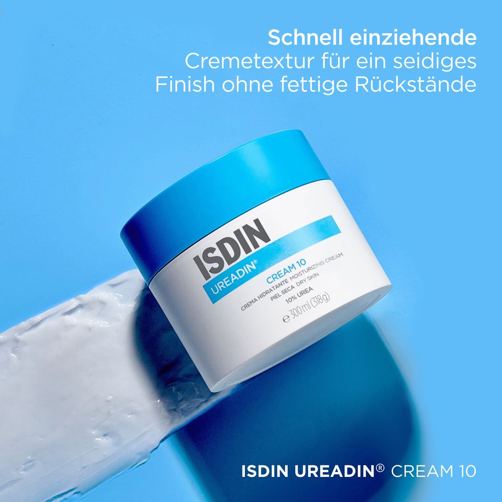Creme-Dose mit blauem Deckel. Aufschrift: ISDIN UREADIN CREAM 10. Text: Schnell einziehende Cremetextur.